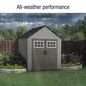 Interior of Rubbermaid 7x7 shed organized for lawn tools and equipment.