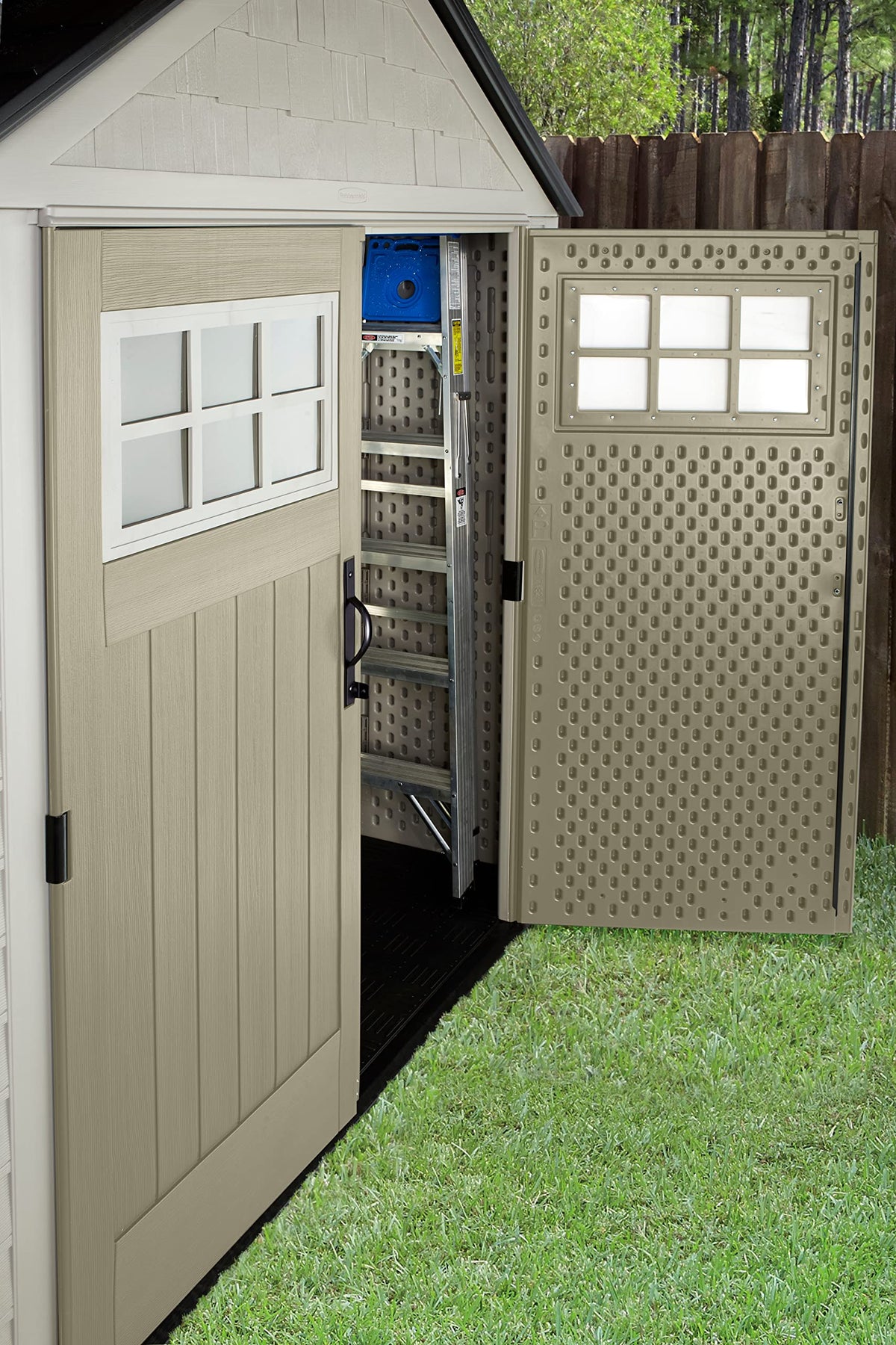 Lockable doors on Rubbermaid shed offering added security for tools.