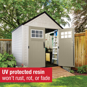 Rubbermaid shed rain gutter system aiding water management in all seasons.