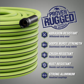 Rugged Rhino anti-kink reinforcement maintains smooth water flow during yard chores.