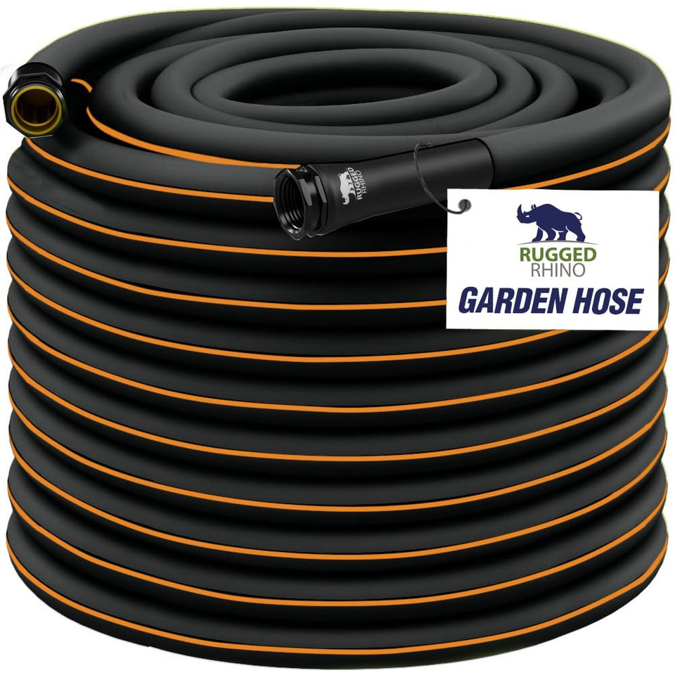 Rugged Rhino heavy duty hose 50ft ready for extended lawn watering.