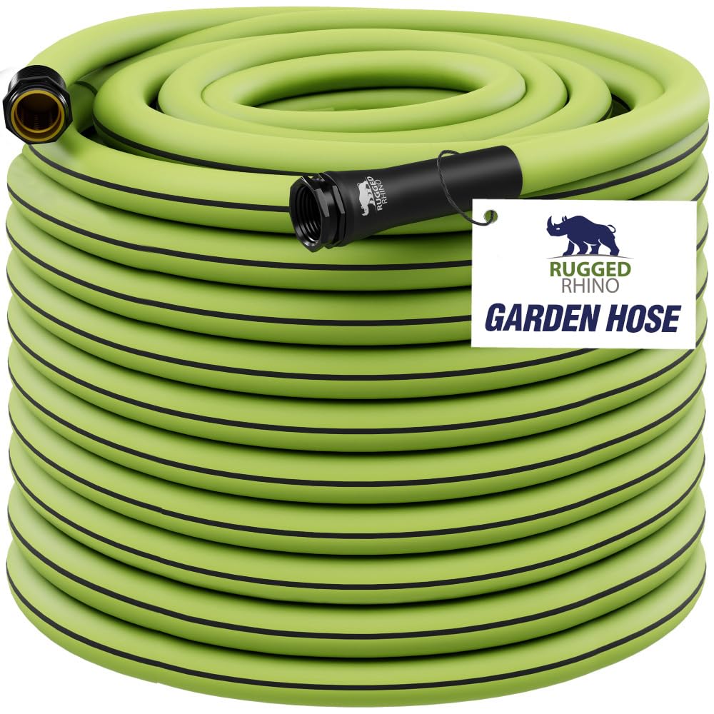 Rugged Rhino heavy-duty hose 75ft 5/8in for durable lawn watering and long reach.