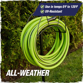 Rugged Rhino lightweight hose with PVC grip handle for easy installation.