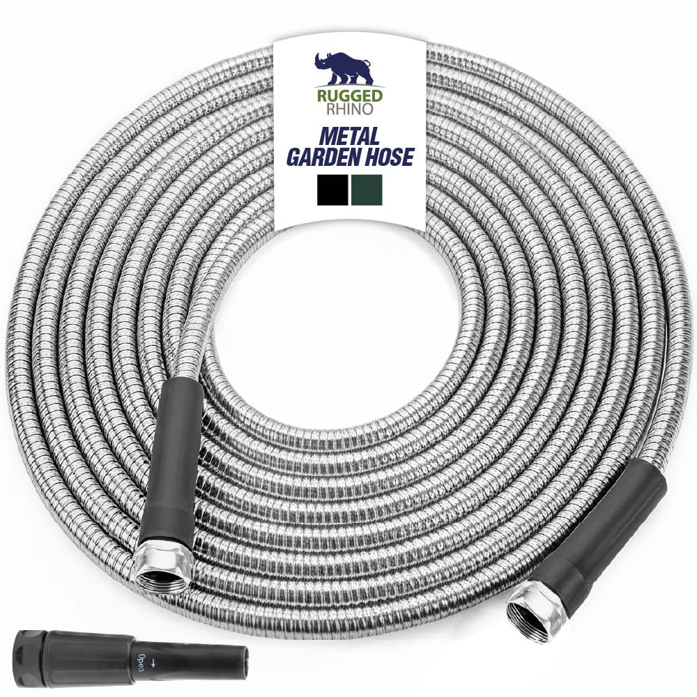 RUGGED RHINO metal garden hose 50ft ready for durable watering around lawns and beds.