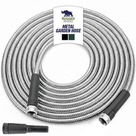 RUGGED RHINO metal garden hose 50ft ready for durable watering around lawns and beds.