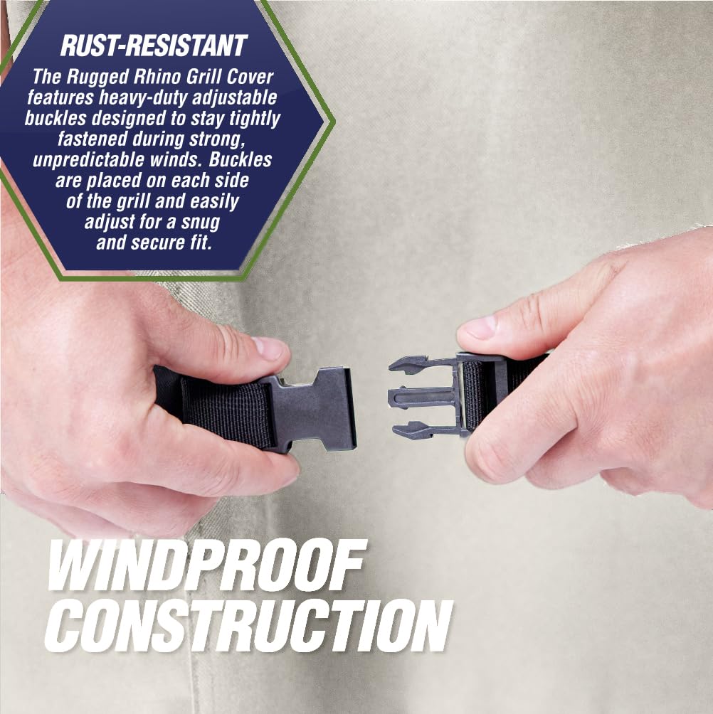 Rugged Rhino waterproof backing detail highlights moisture resistance during rain.