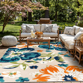 Rugshop Multi Bergamo floral rug outdoors patio view highlights fade-resistant color.