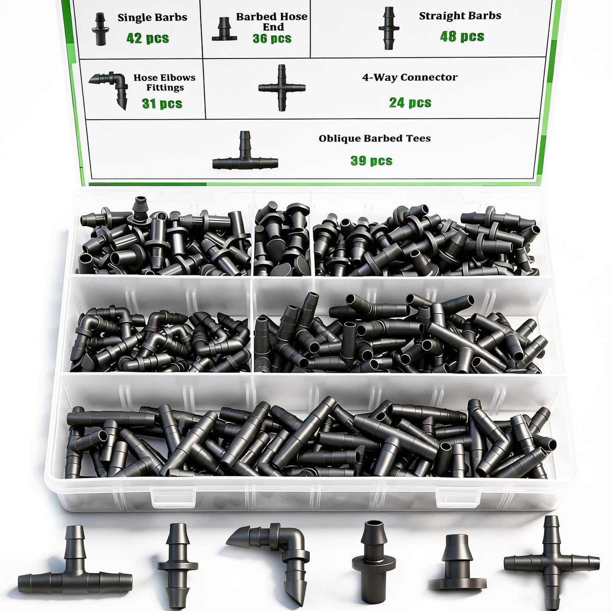 Ruibapa 220Pcs barbed connectors kit for reliable drip irrigation in gardens.