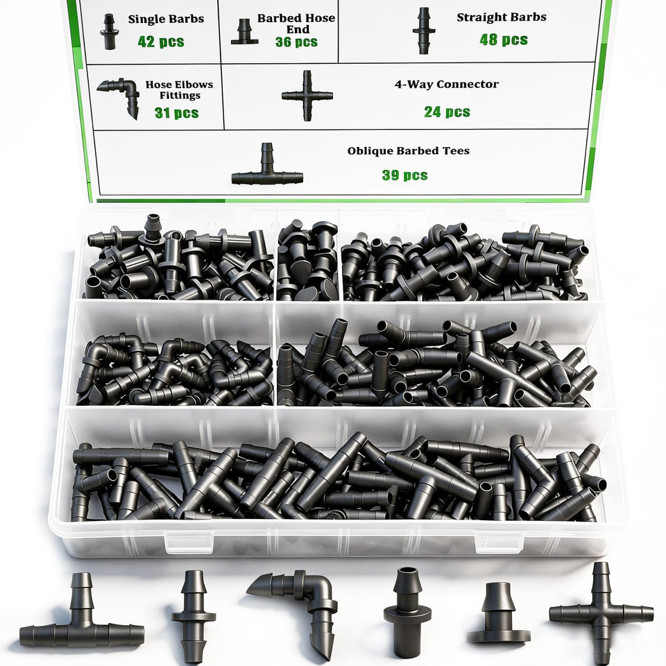Ruibapa 220Pcs barbed connectors kit for reliable drip irrigation in gardens.