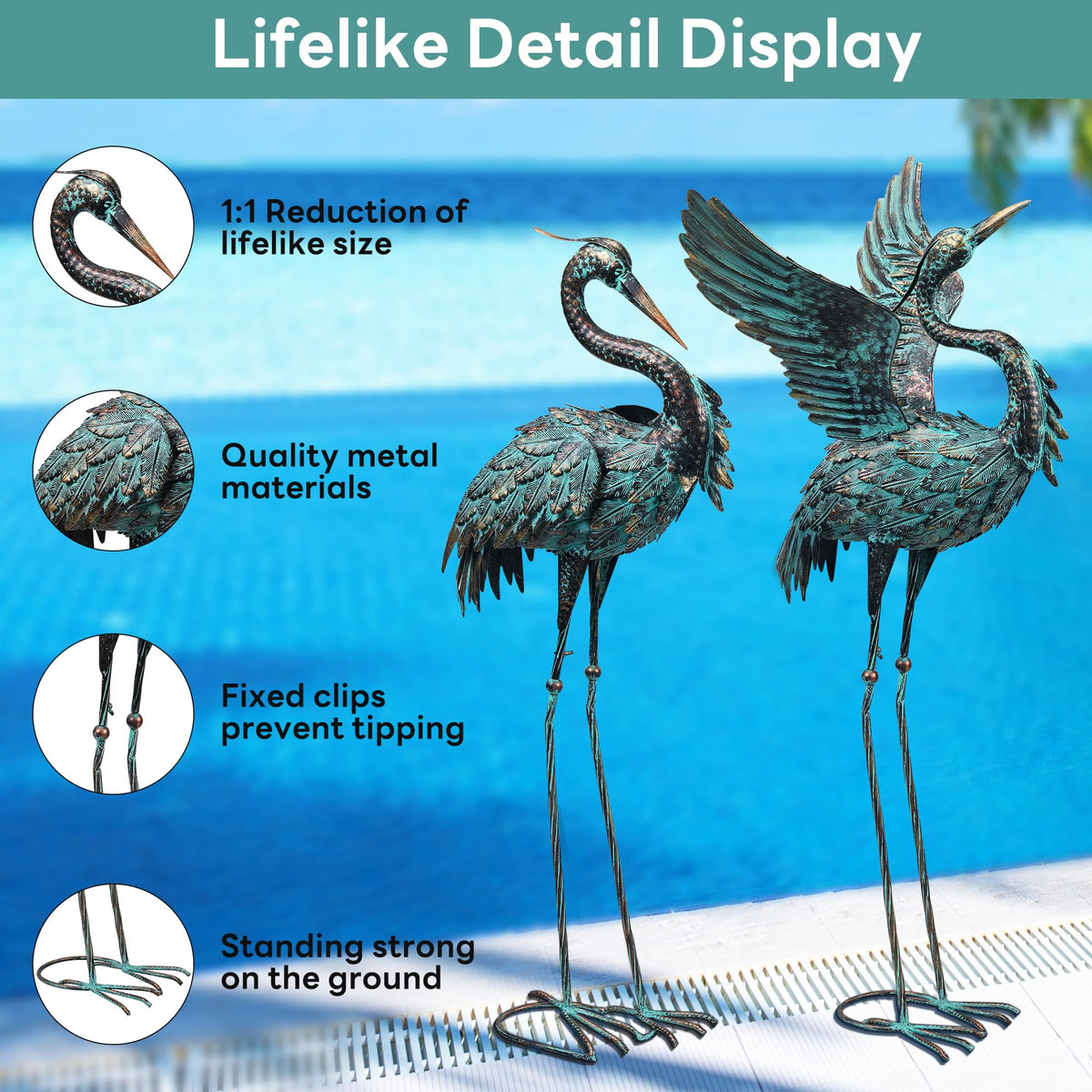Ruifabo crane statues paired together create a lifelike garden focal point