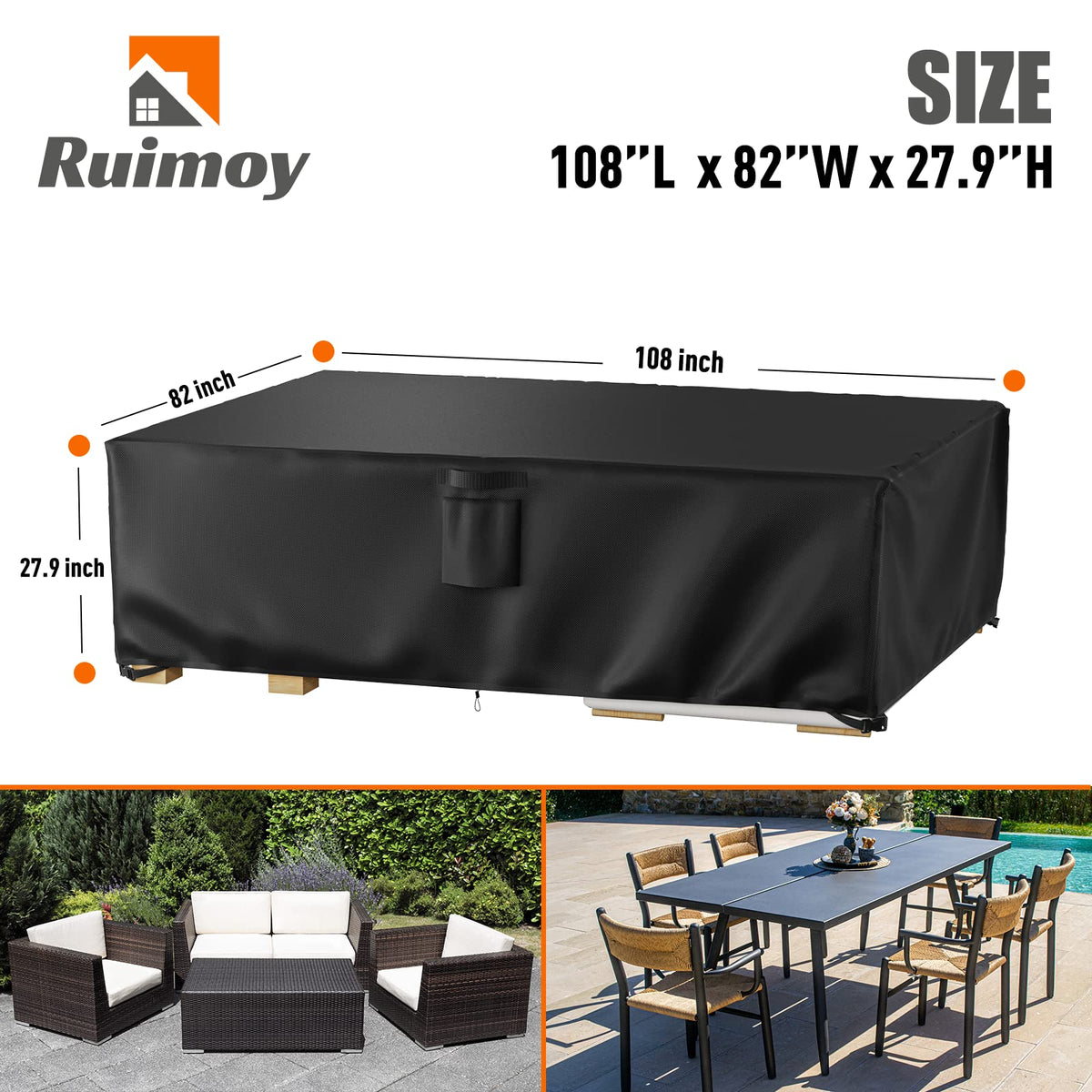 Ruimoy patio cover shows seam-tape sealing for weatherproof protection.