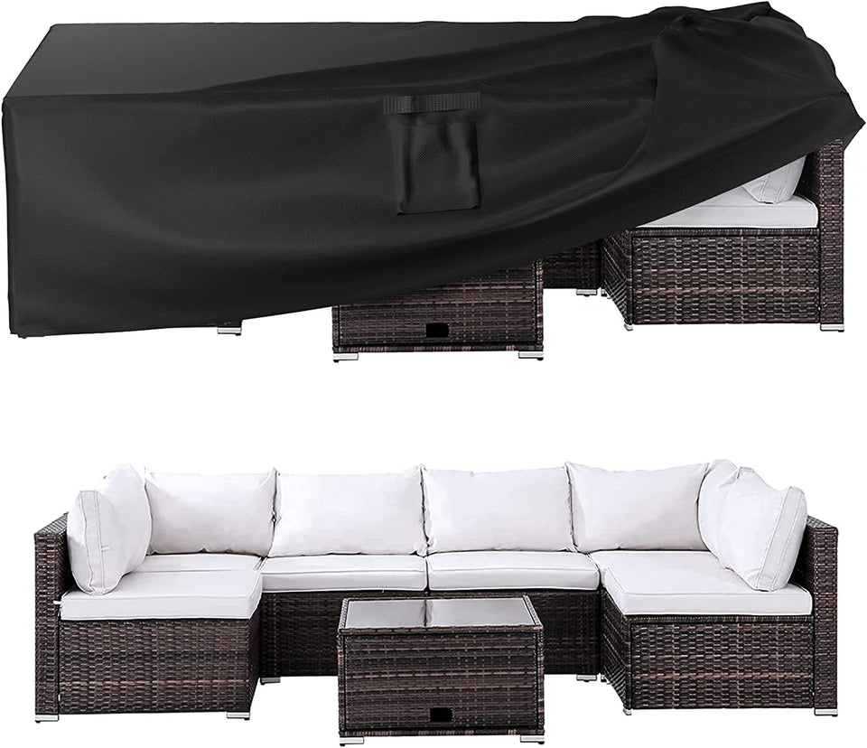Ruimoy patio cover over a large dining set protects from rain