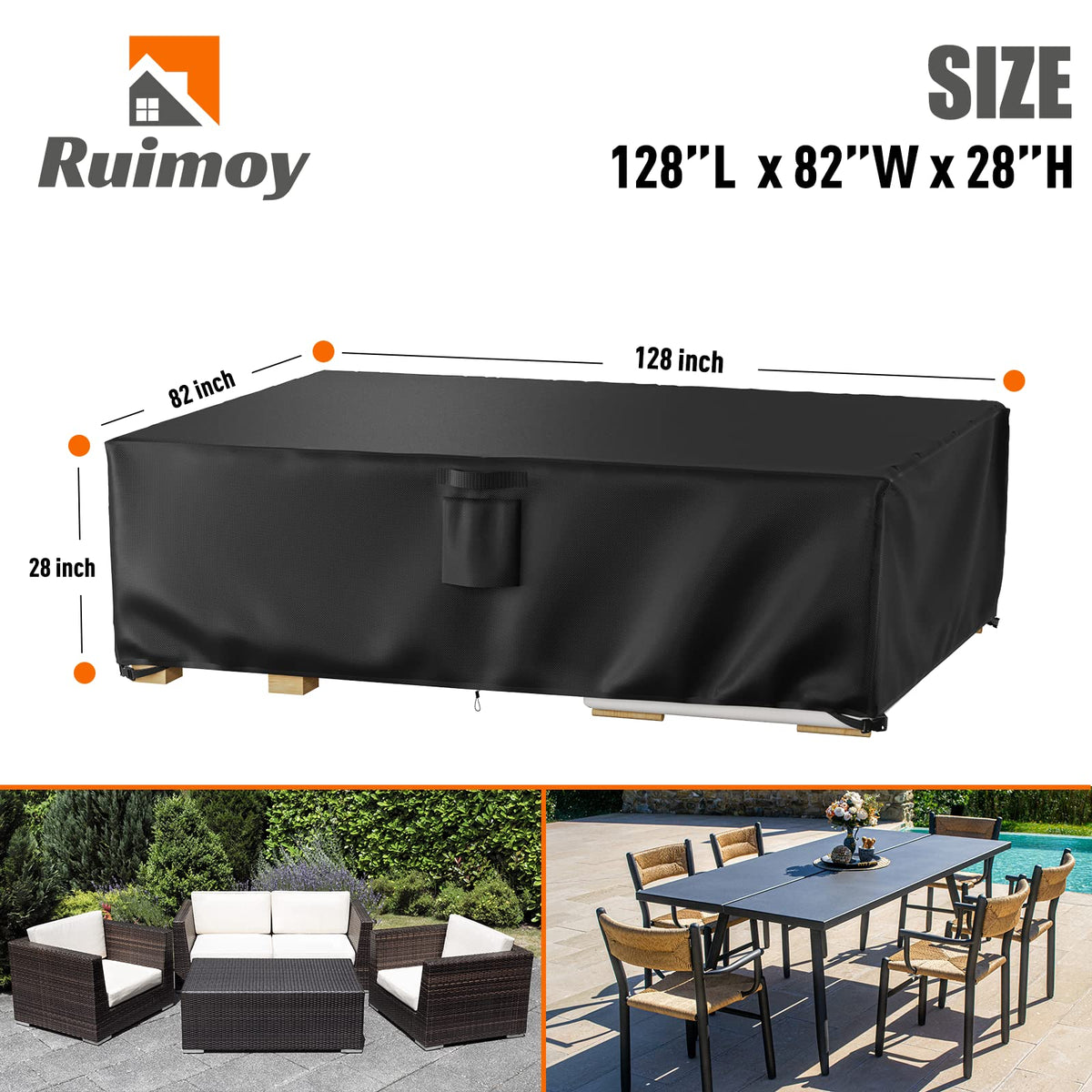 Ruimoy 600D waterproof cover with stitched seams shields outdoor furniture