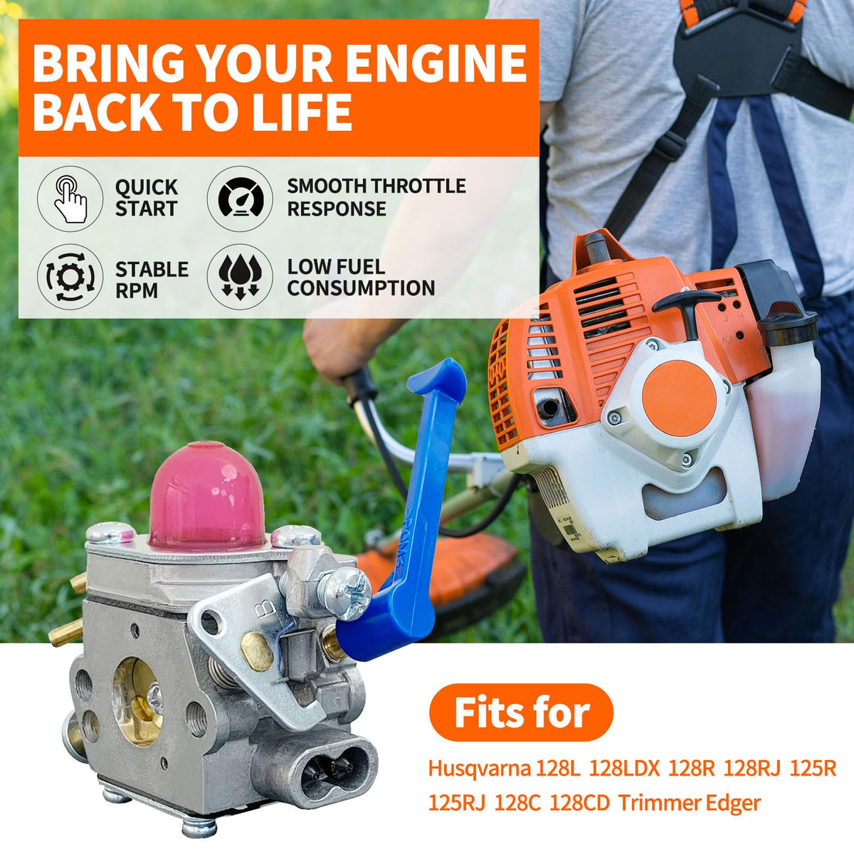 Ruixing 128LD carburetor includes fuel lines and primer for ready replacement.