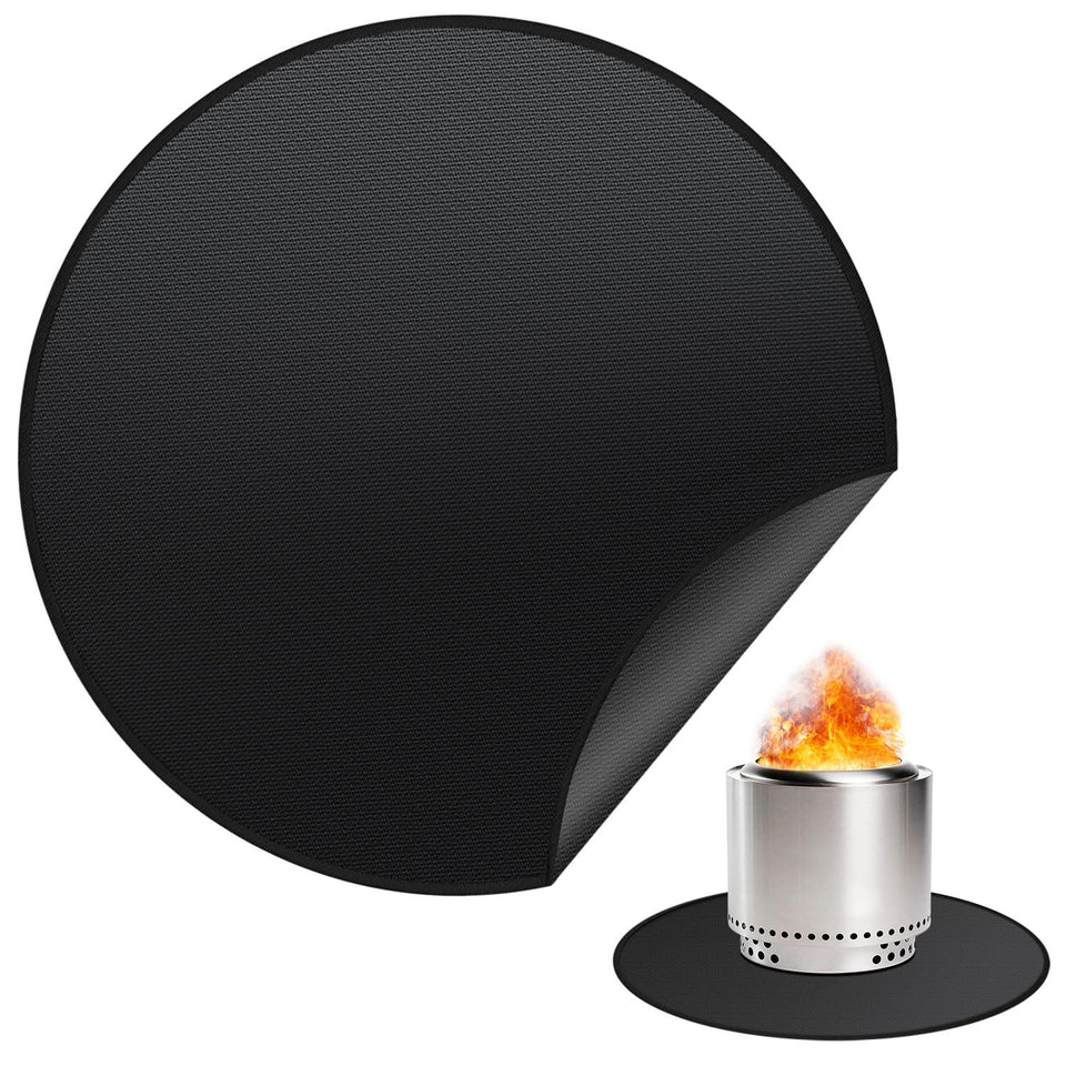 Rumlick 36-inch round fire pit mat protects decks from embers and heat.