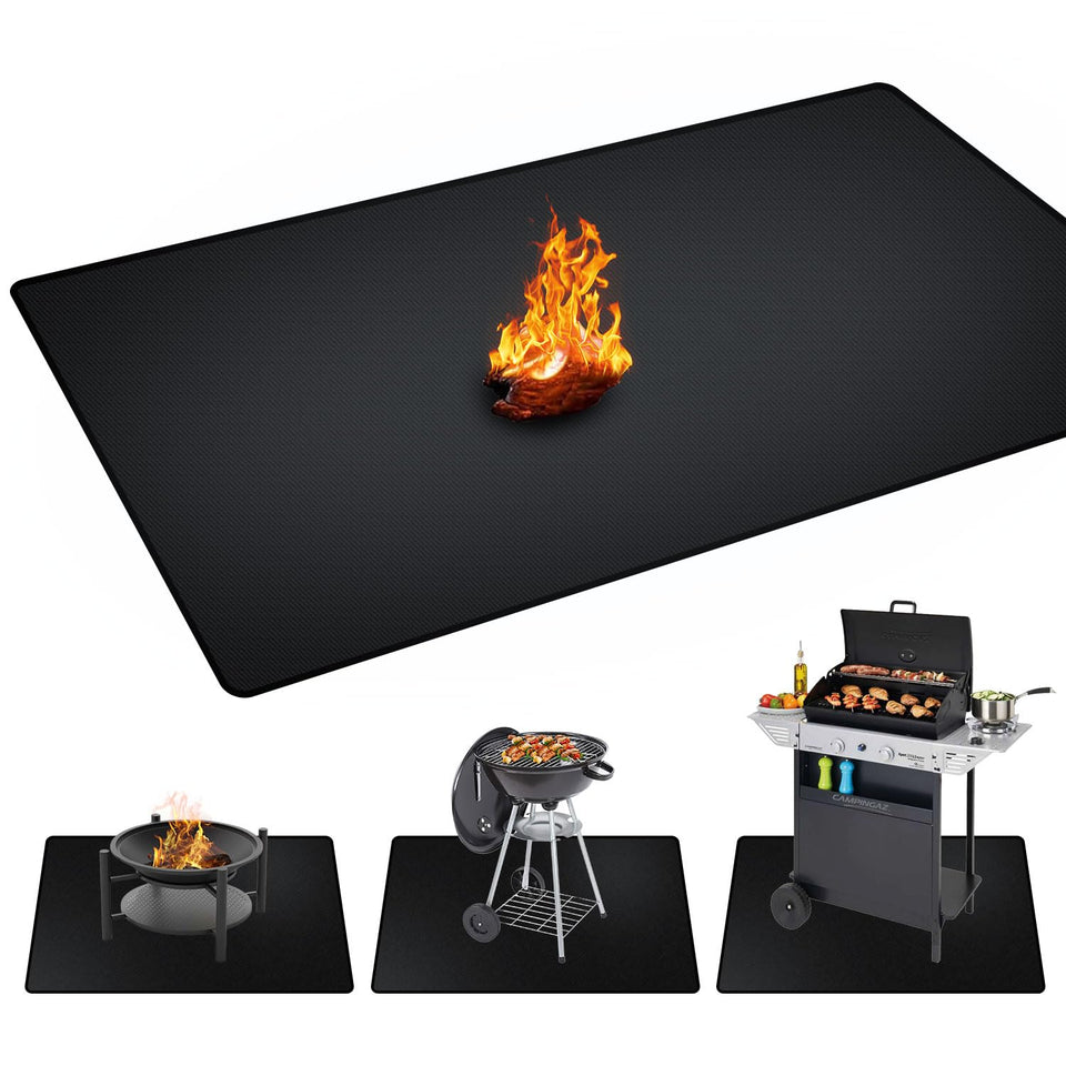 Rumlick 75x40 inch under-grill mat, top view, shields decks from heat