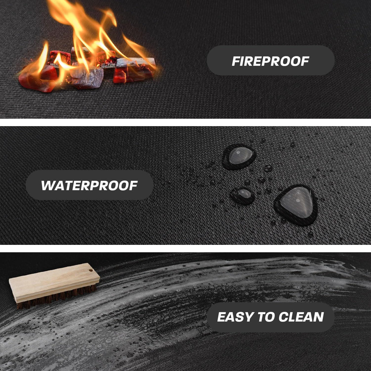Rumlick fiberglass fire pit mat with dual coating withstands high heat.