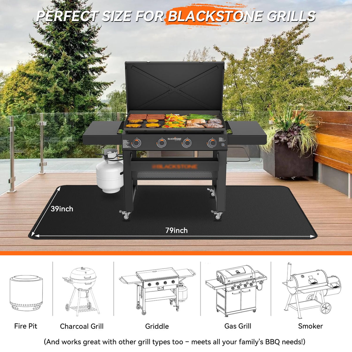 Rumlick fiberglass grill mat with 2000F heat resistance guards wood surfaces.