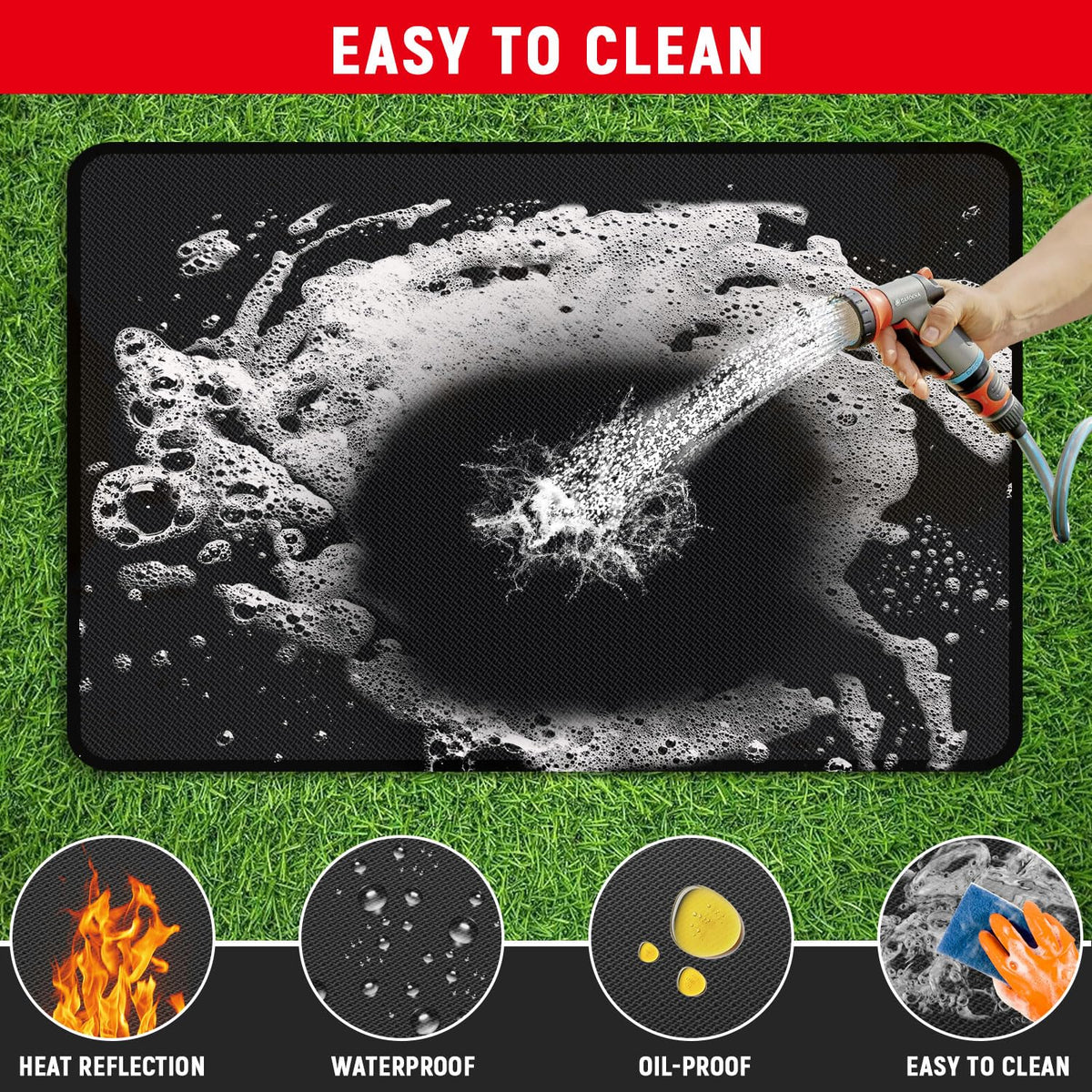 Rumlick oil and water resistant surface for easy cleanup under grill.