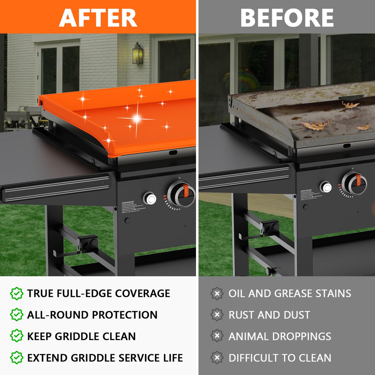Rumlick griddle cover shields from rain and dust, extending lifespan.