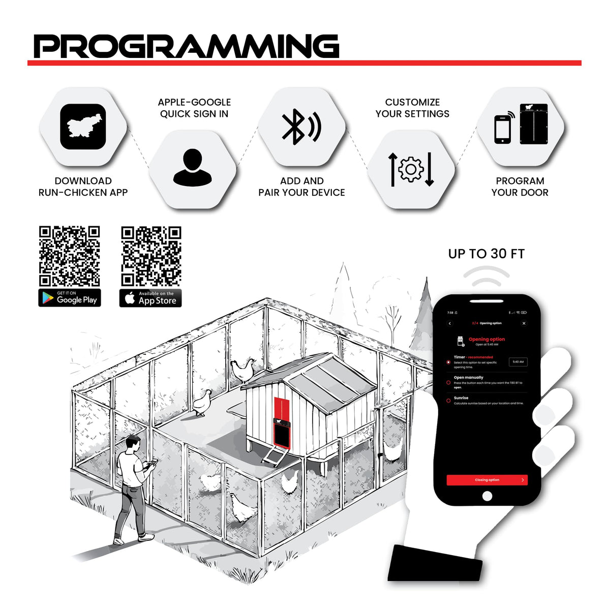 RUN-CHICKEN Door Eternal battery backup and built-in solar power for reliable use.