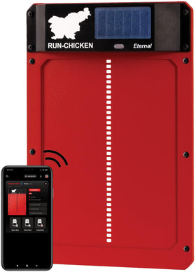 RUN-CHICKEN Door Eternal front view with solar-powered auto door for coop security.