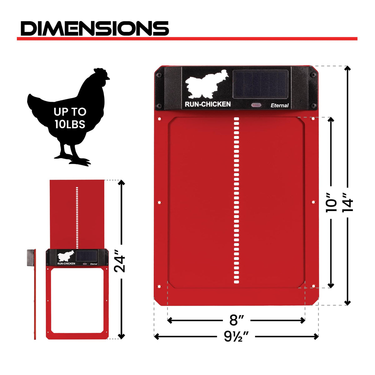 RUN-CHICKEN Door Eternal predator-proof lock protects the coop.