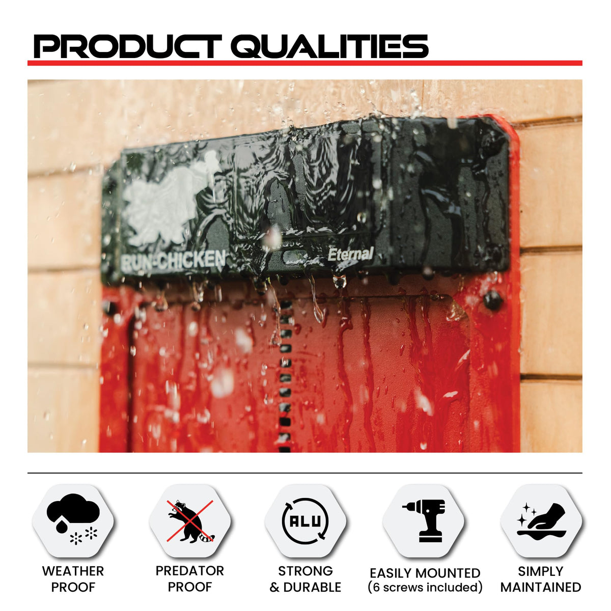 RUN-CHICKEN Door Eternal side view shows weatherproof aluminum frame and smooth operation.