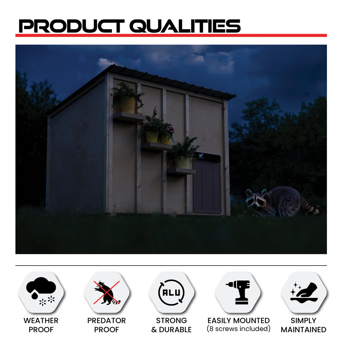 RUN-CHICKEN Door Giant installation step demonstrates quick eight-screw setup