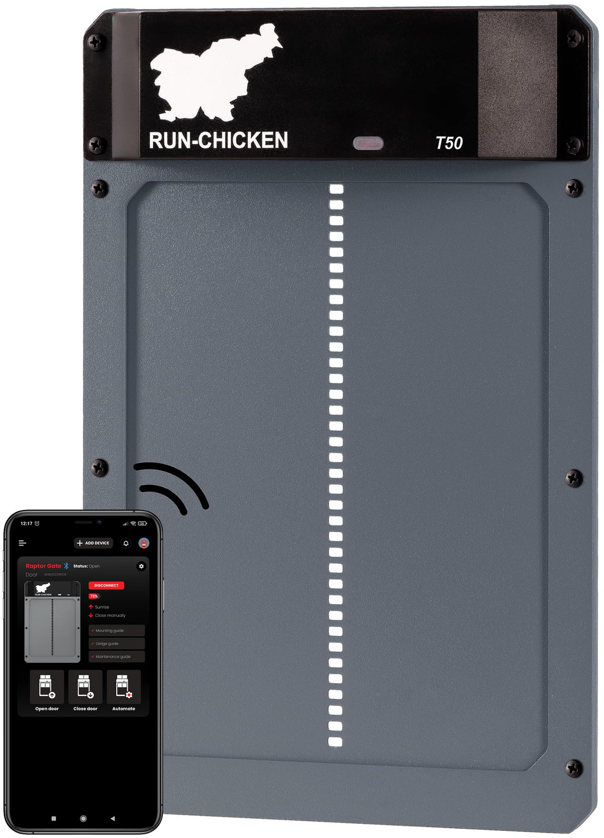 RUN-CHICKEN T50 front view of the automatic coop door for safer flock access