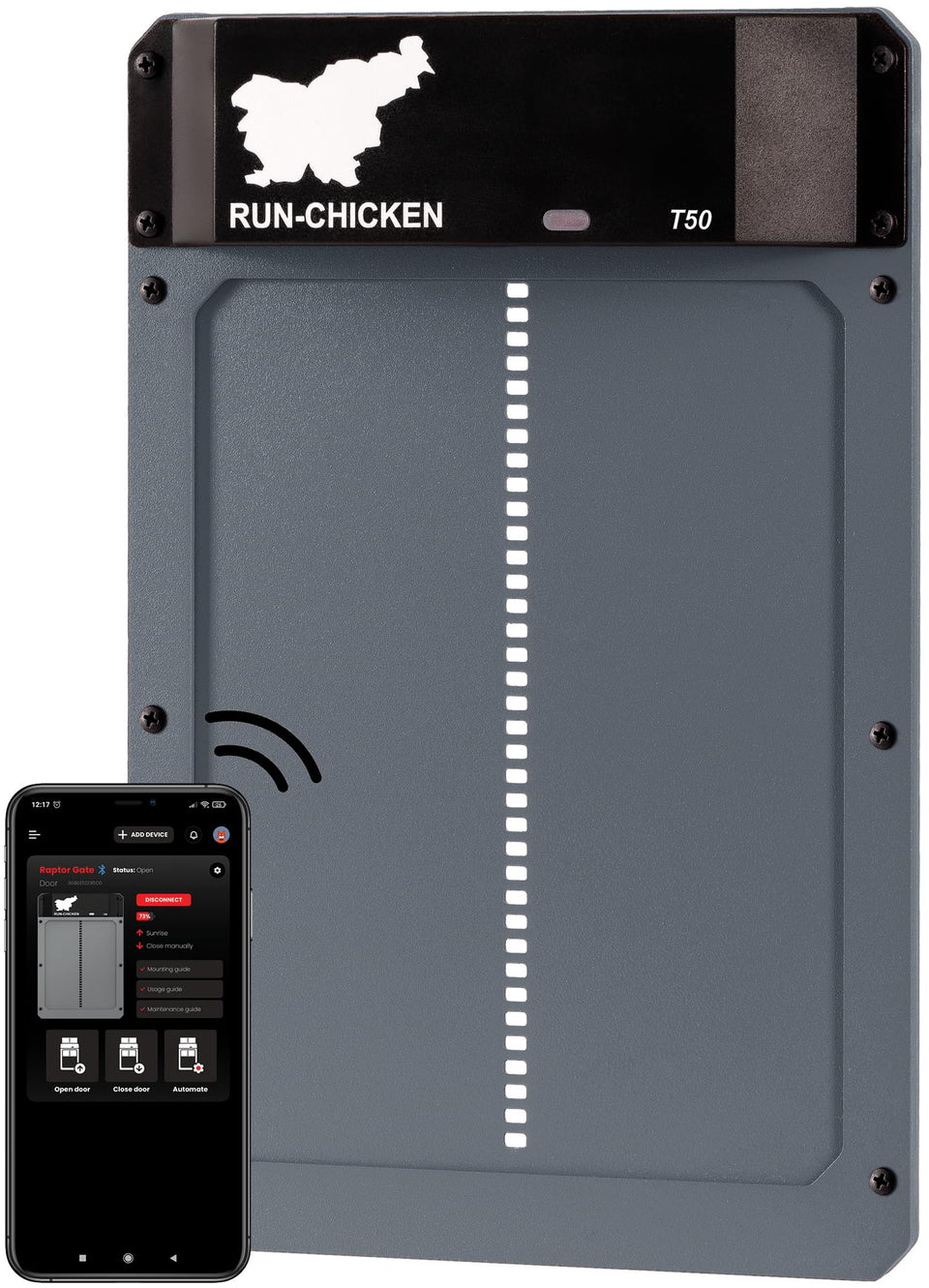RUN-CHICKEN T50 front view of the automatic coop door for safer flock access