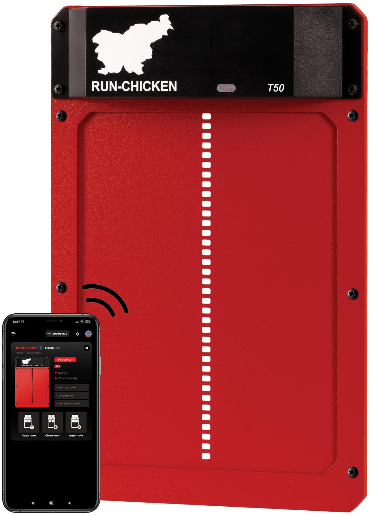 Run-Chicken T50 automatic door opens and closes, protecting the flock effortlessly.