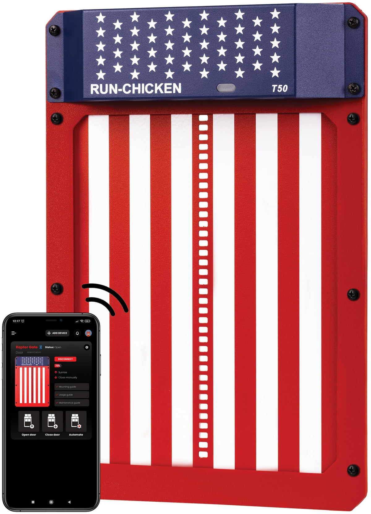 RUN-CHICKEN T50 door installation shows quick setup for secure coop access.