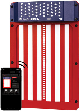 RUN-CHICKEN T50 door installation shows quick setup for secure coop access.
