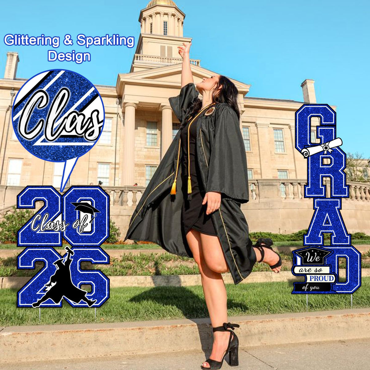 Runleo glitter print graduation yard sign with no-mess bling, ideal for visible ceremonies.