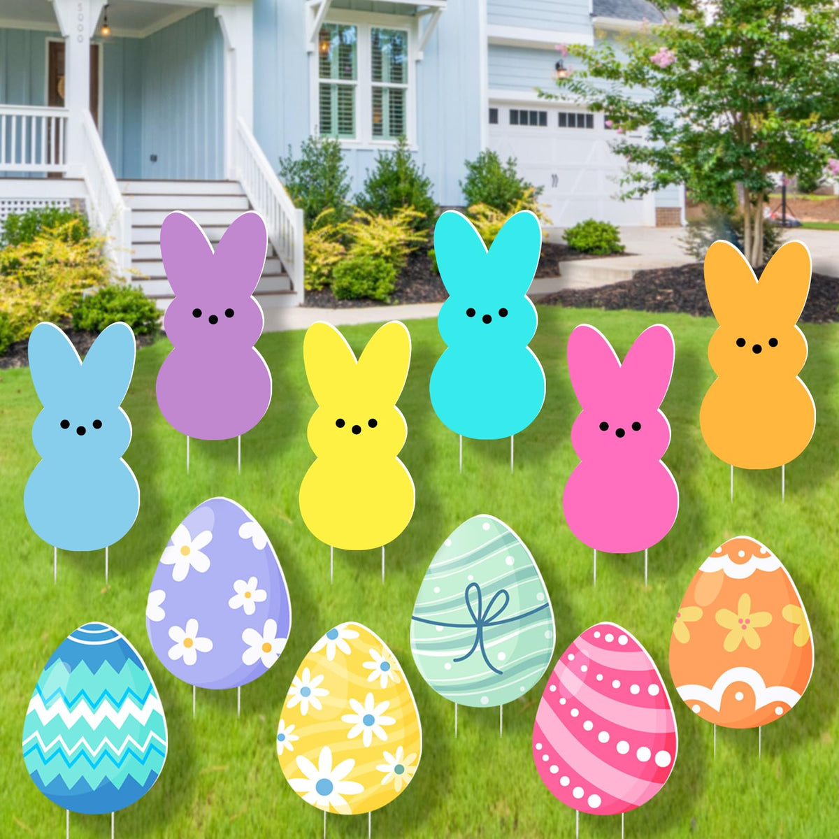 Runleo pastel Easter yard signs with bunny and eggs for vibrant curb appeal.