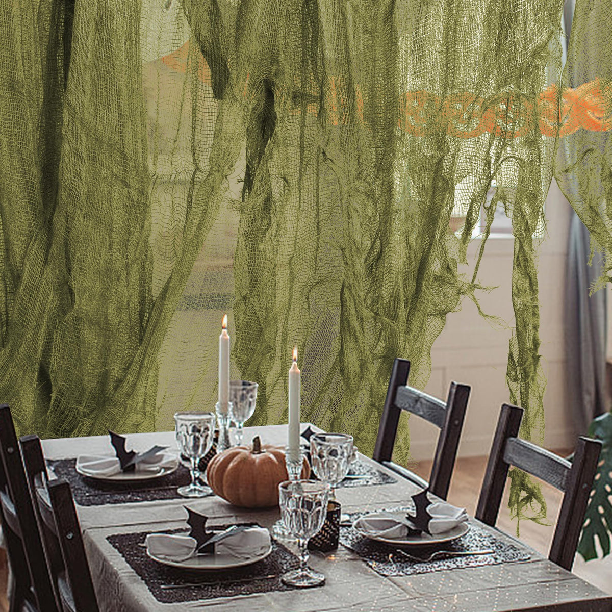 RunNico outdoor staircase green cloth drape transforms exterior paths into eerie scenes.