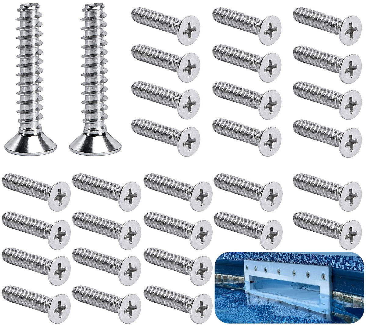 RunNico pool skimmer screws close-up; 1in length for secure fittings