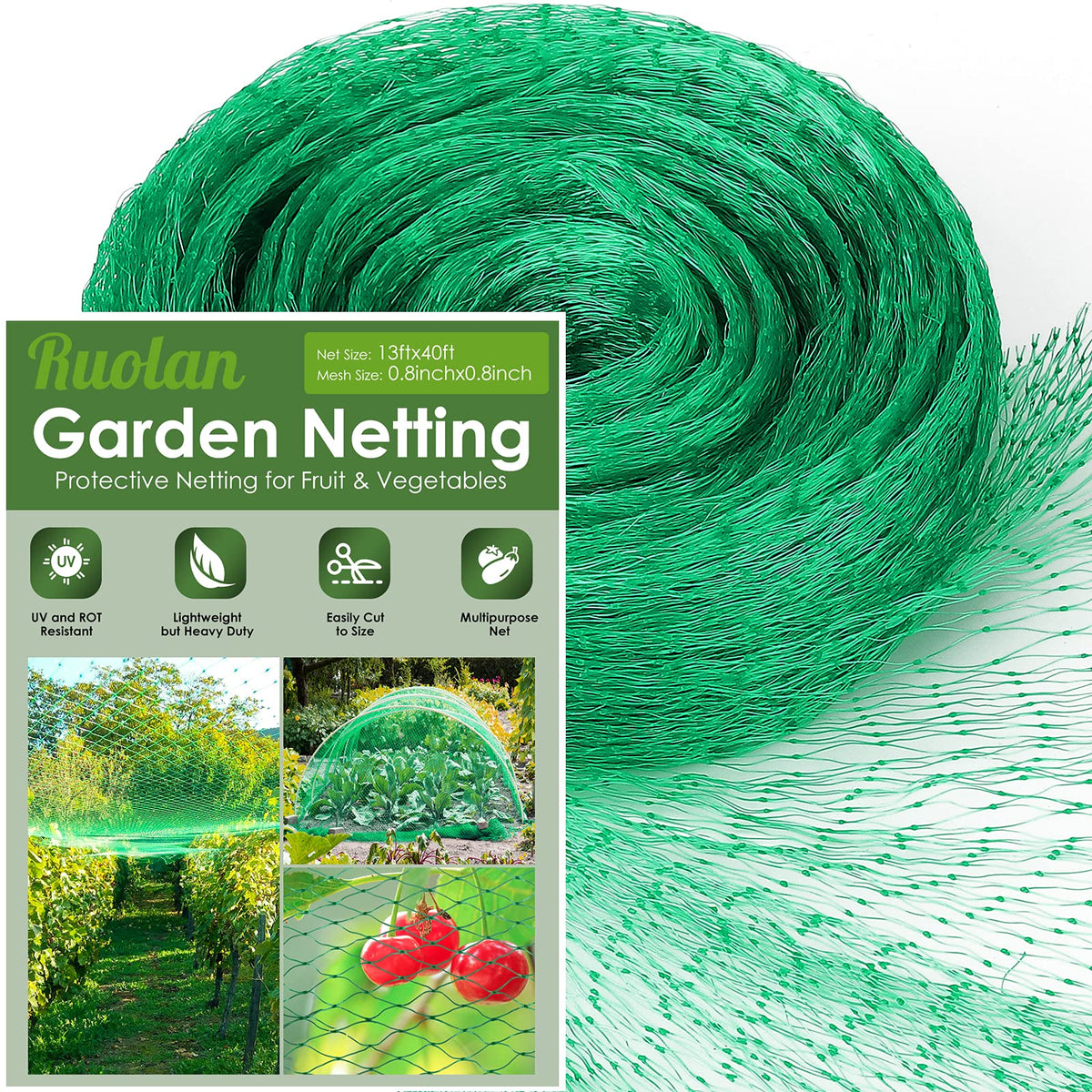 Ruolan bird netting laid over garden stakes protecting fruit trees.