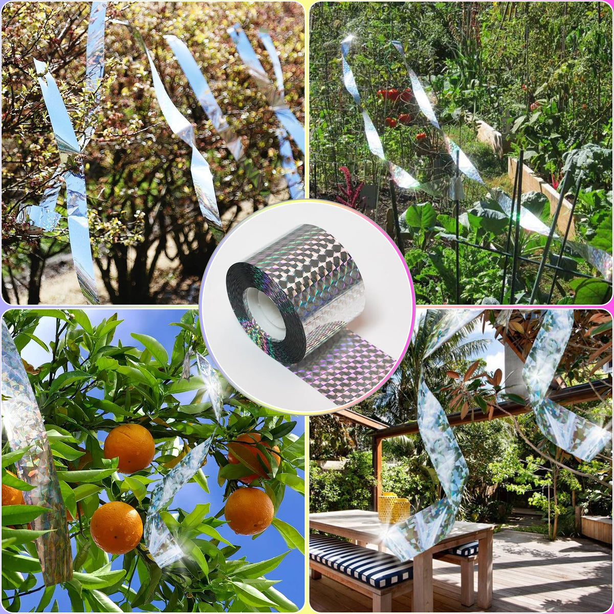 Ruolan Bird Scare Tape 350ft roll provides reusable deterrence.