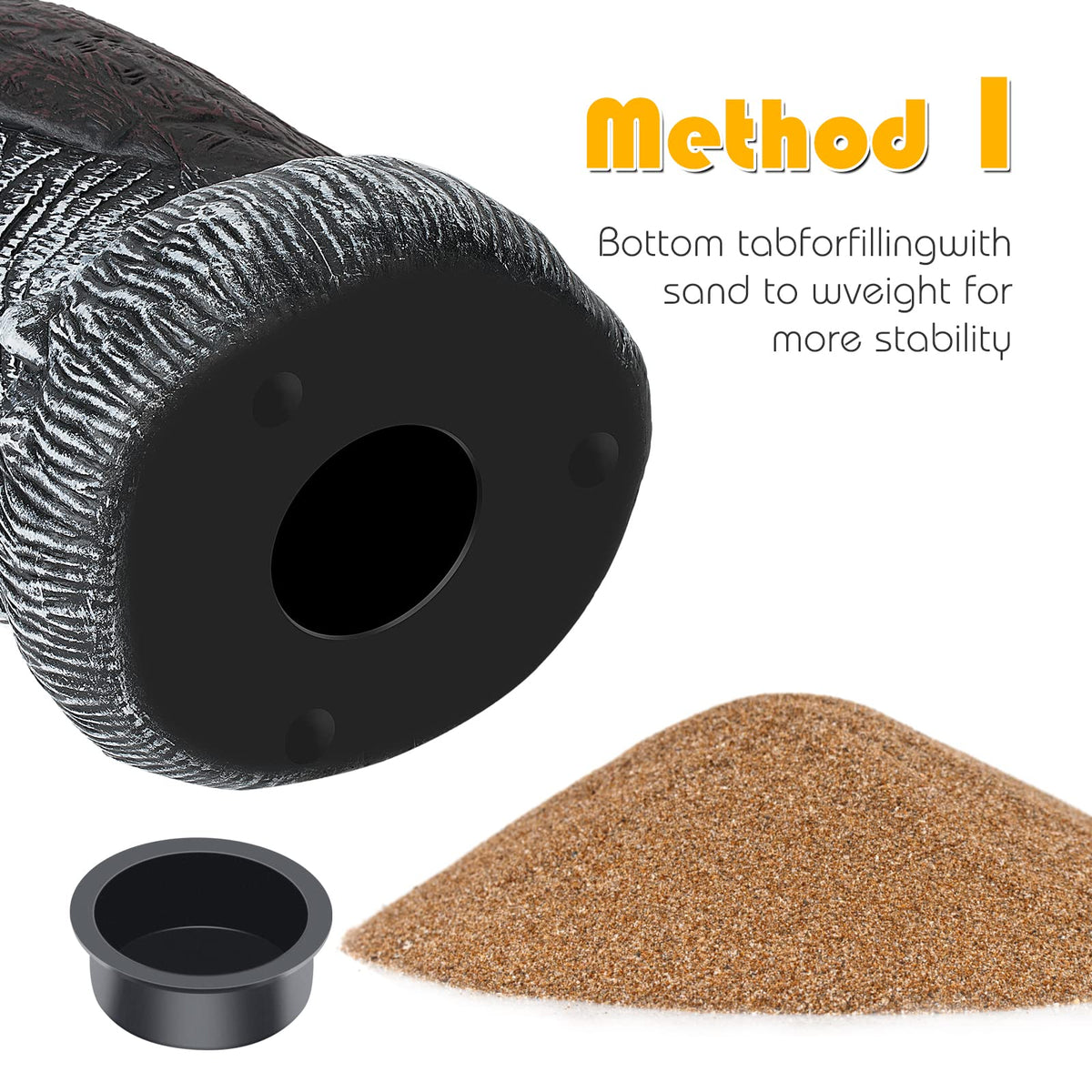Ruolan owl decoy bottom tab with sand for secure installation.