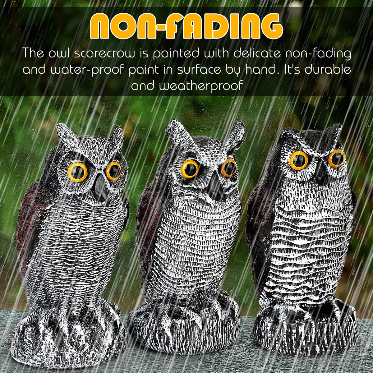 Ruolan owl decoy adds garden decor while deterring pests.