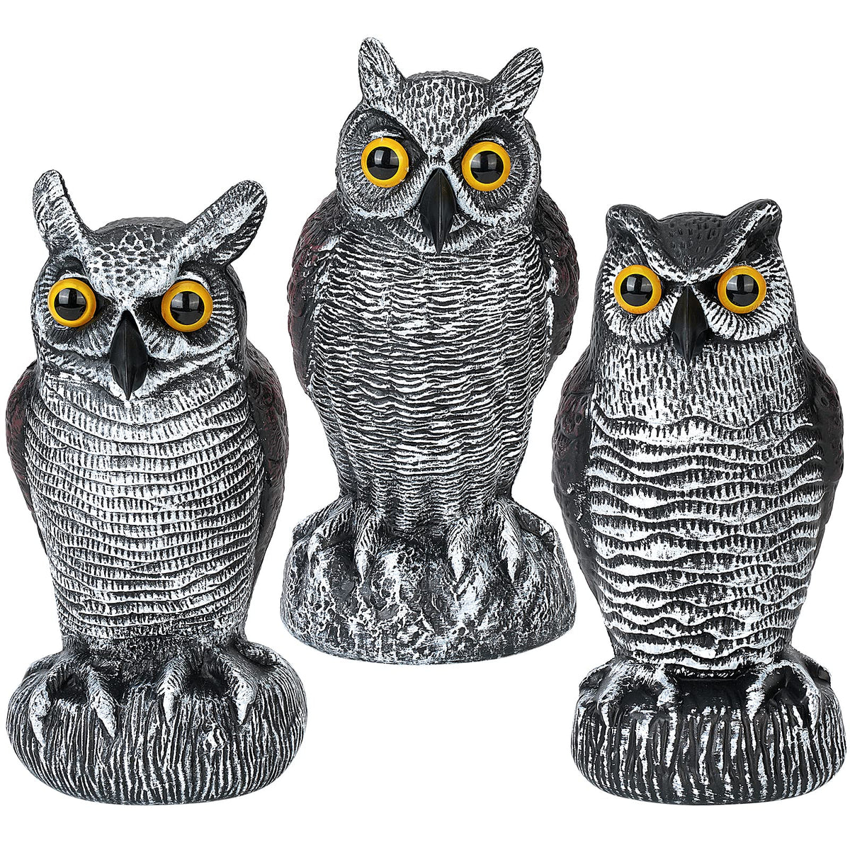 Ruolan owl decoy on a stable base deters birds in outdoor spaces.