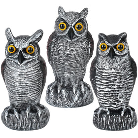 Ruolan owl decoy on a stable base deters birds in outdoor spaces.