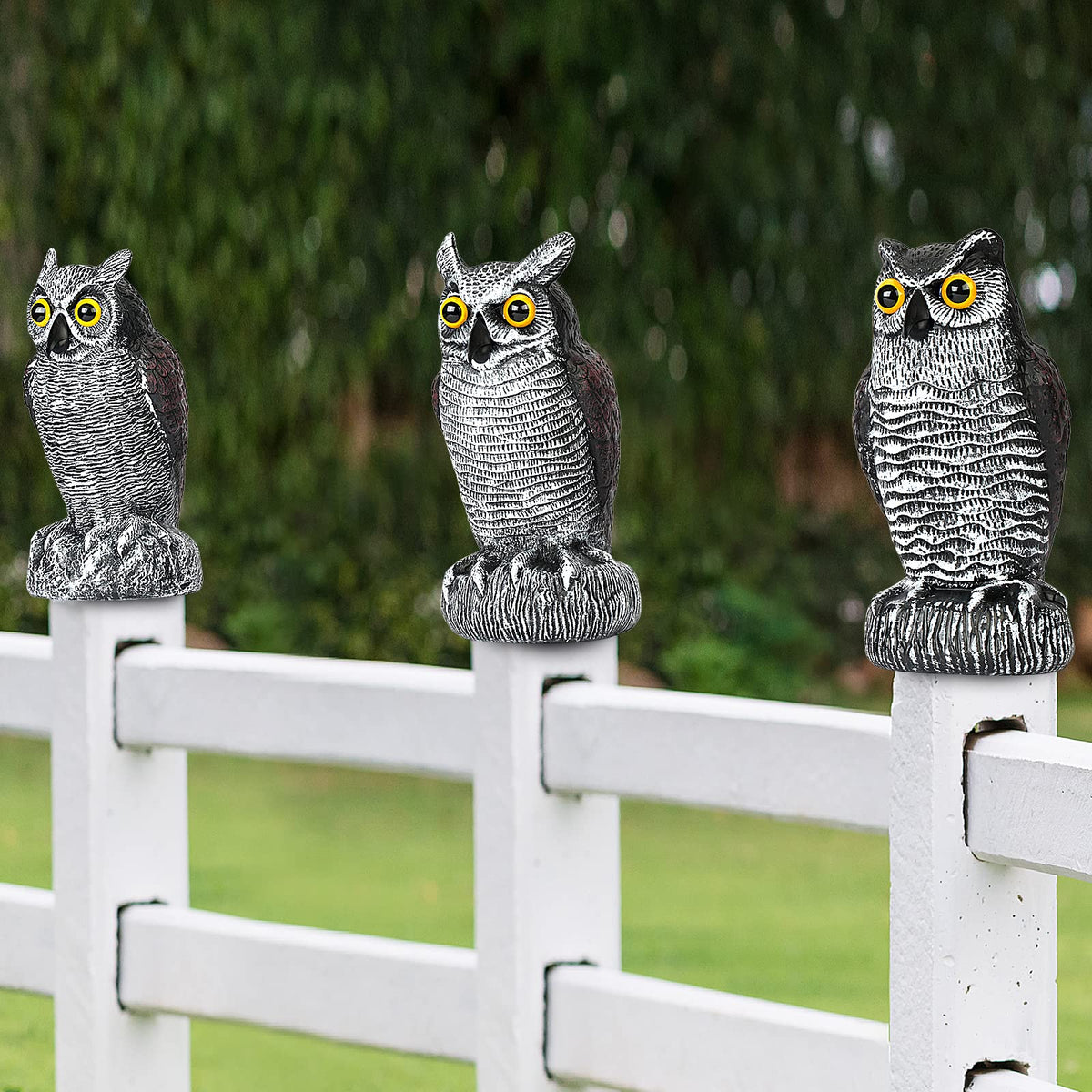 Ruolan owl decoy weatherproof paint stays vibrant in rain and sun.