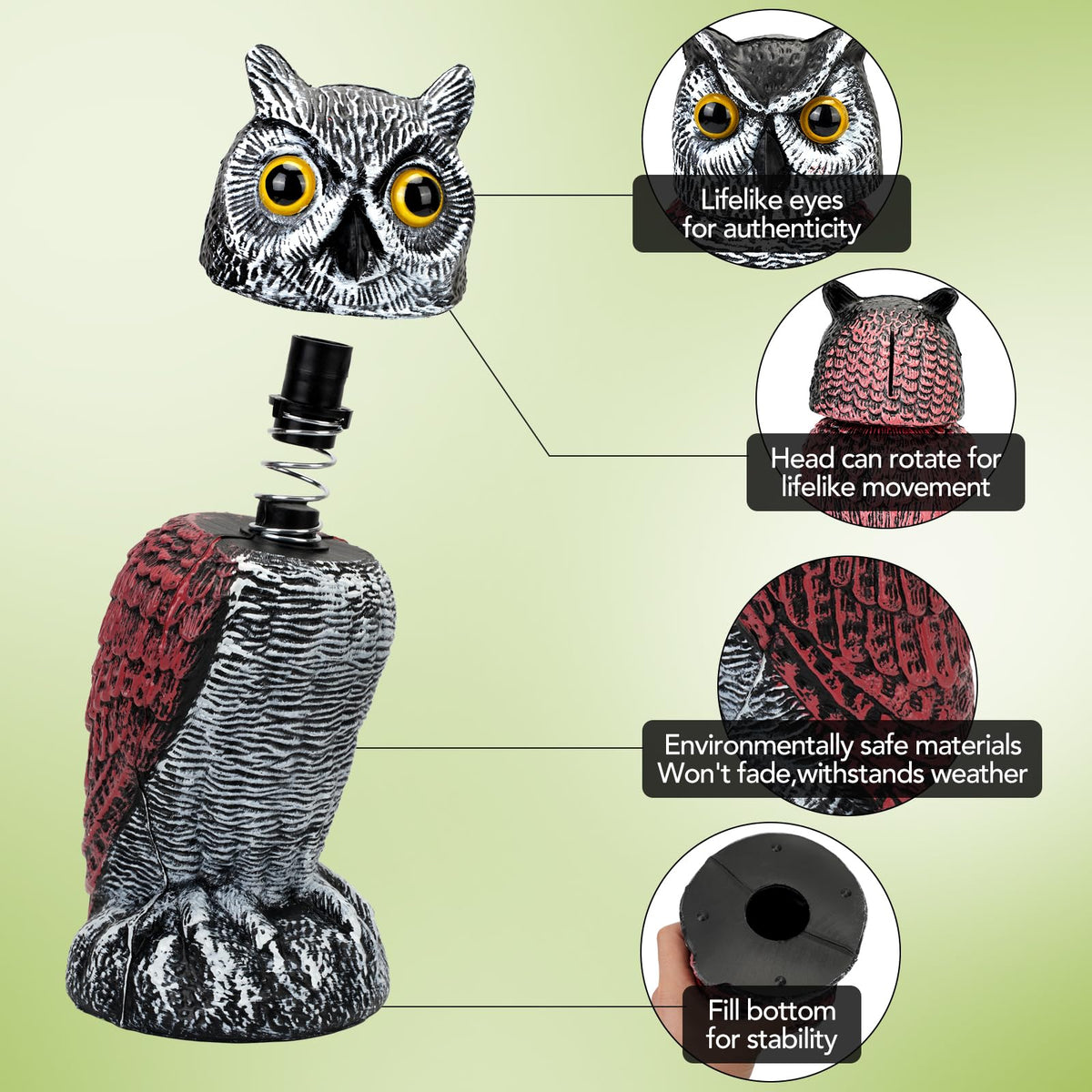 Ruolan stable owl statue with bottom tab for sand weighting and stability.