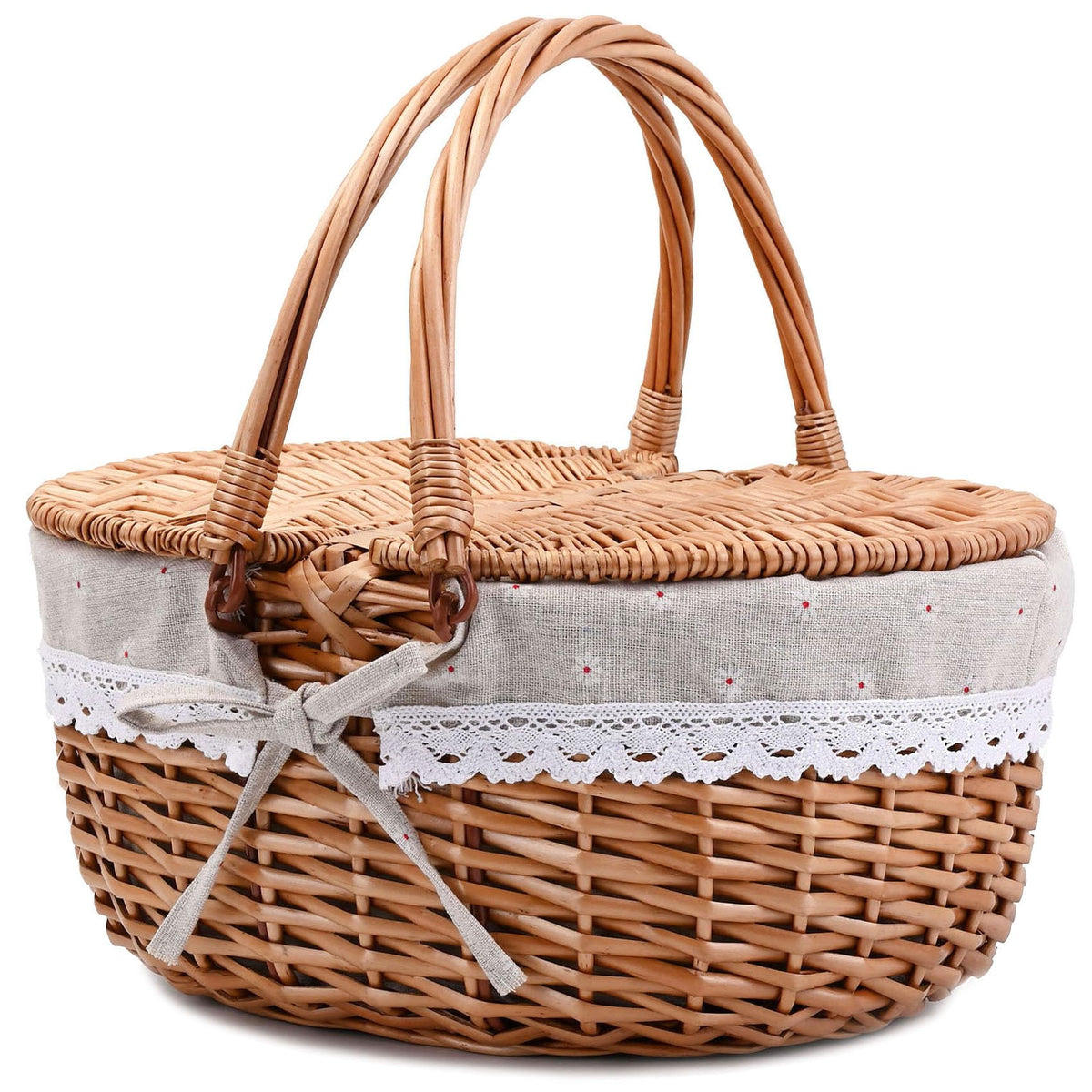 RURALITY wicker basket with lid and handle for outdoor picnics, sturdy design.
