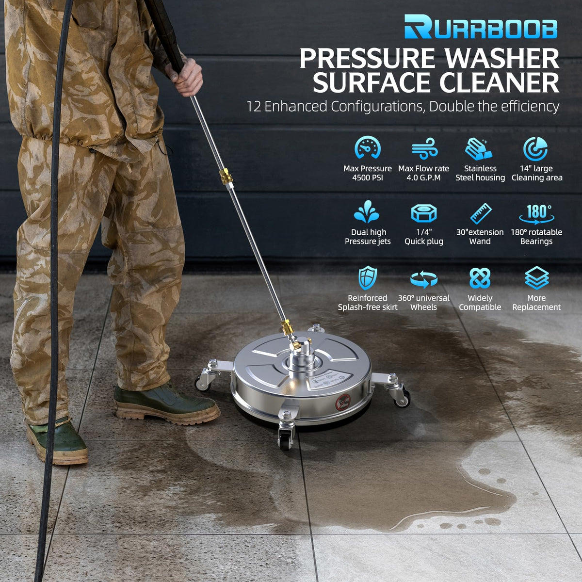 RURRBOOB 4500 PSI unit showing large cleaning area for flat surface prep.