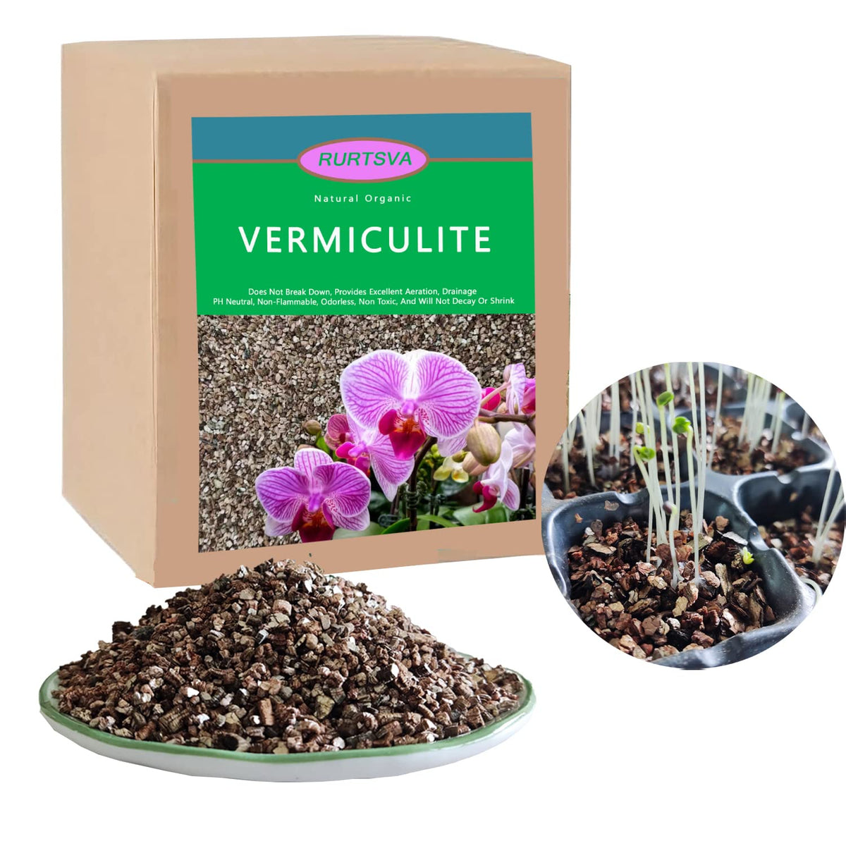 Rurtsva vermiculite packaging demonstrates easy dosing for potting mixes.