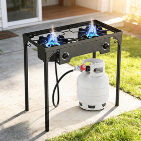 Rushare outdoor heater and fire pit setup with propane regulator.